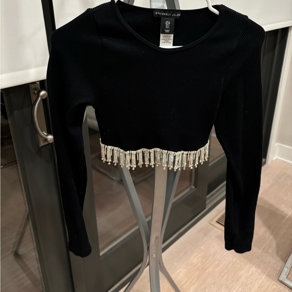 Cropped Rhinestone Long Sleeve Shirt